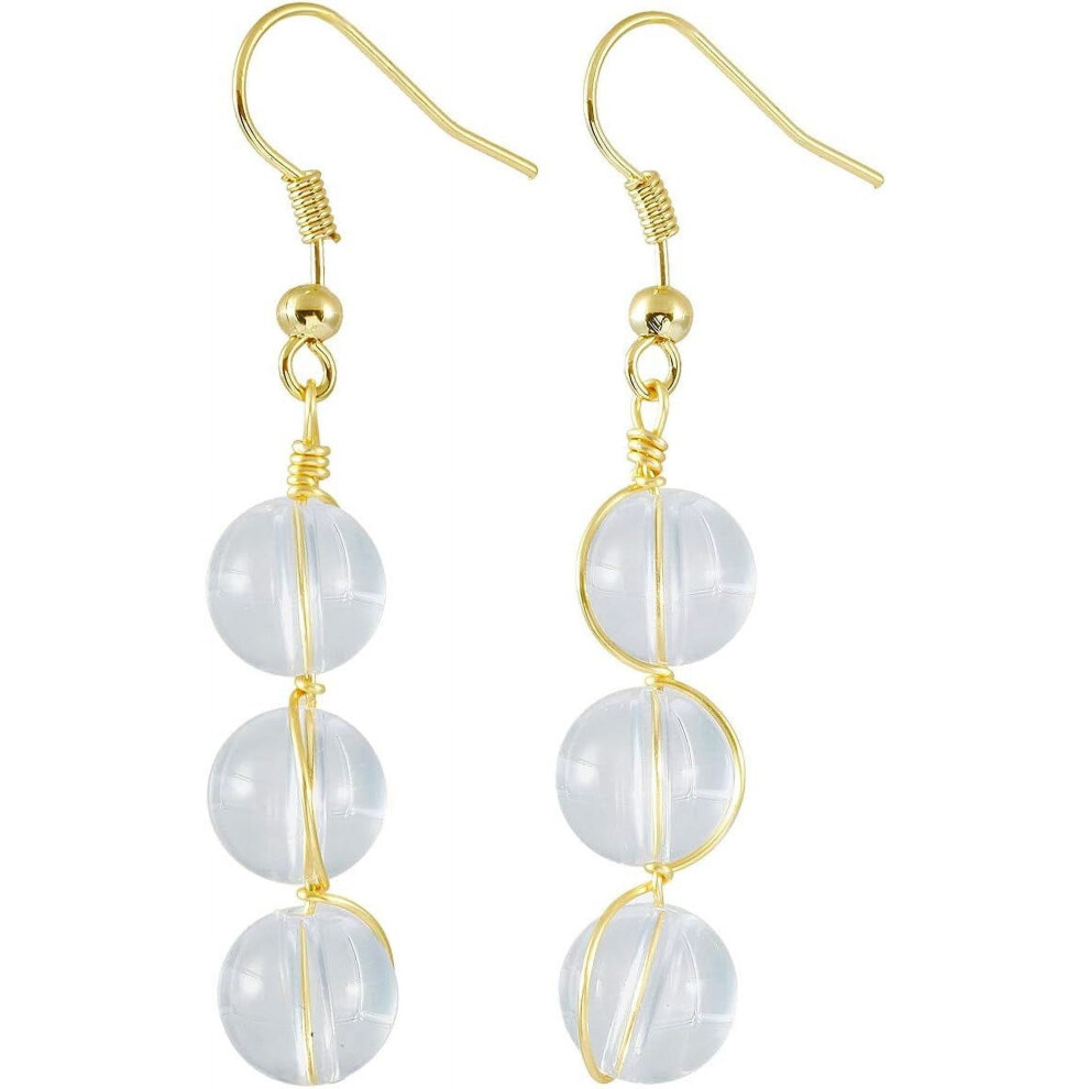 Stone Drop Earrings for Women, Wire Wrapped Triple Ball Beaded Dangle Hook Earrings for Ladies-image-OPC-PRZGCGV-NEW