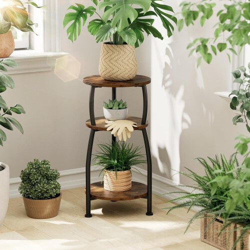 Round 3-Tier Side Table with Storage Rustic Brown 2