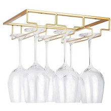 Wine Glass Rack - Under Cabinet Stemware Wine Glass Holder Glasses Storage Hanger Metal Organizer for Bar Kitchen Gold