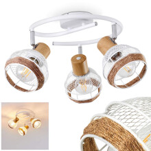 Ceiling Light Bariloche in Wood, Raffia & White Metal, 3 swivelling spotlights Creating a Light Effect on The Ceiling Through The Grid Shades, for 3 x