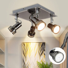 DINGLILIGHTING 4 Way Rotatable LED Ceiling Light, Chrome Finish Ceiling Spotlights,4 x 3 W GU10 Bulbs Warm White 3000K, Square Plate Kitchen Lights