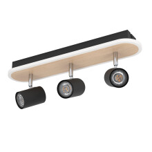 Eglo LED Ceiling lamp Rimbocchi, Oval Light with 3 Adjustable spotlights, Swivel spot bar, Metal Spotlight in Black and Wood Effect, Warm White, L 34