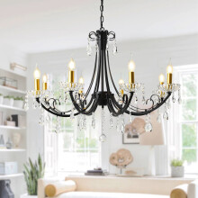 8-Light Black Crystal Chandelier, Adjustable Height Pendant Light for Sloped, Flat & Vaulted Ceilings