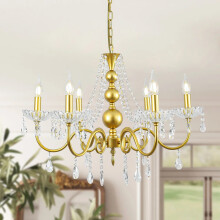 6-Light Gold Crystal Chandelier, Adjustable Height Pendant Light for Sloped, Flat & Vaulted Ceilings
