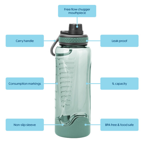 Smash Smash Active Free Flow Water Bottle 1 Litre Green 1