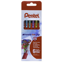 Pentel Hybrid Gel Grip Rollerball Pen 0.6mm Tip 0.3mm Line Black pkg of 6 Assorted Metallics, K118M/6W12