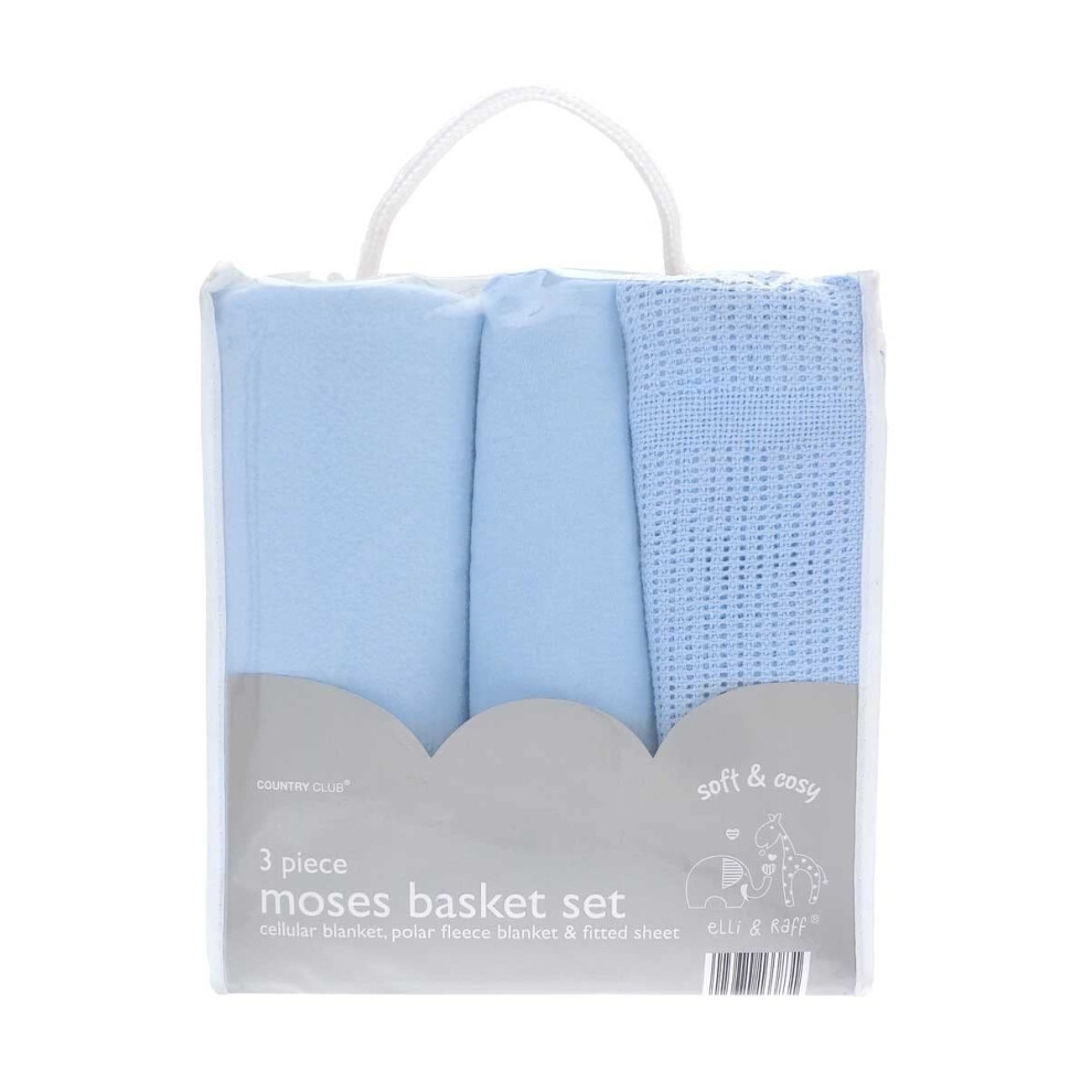 Blue Baby Moses Basket Set 3 Piece Starter Pack, Cellular Blanket - Country Club - Image 3