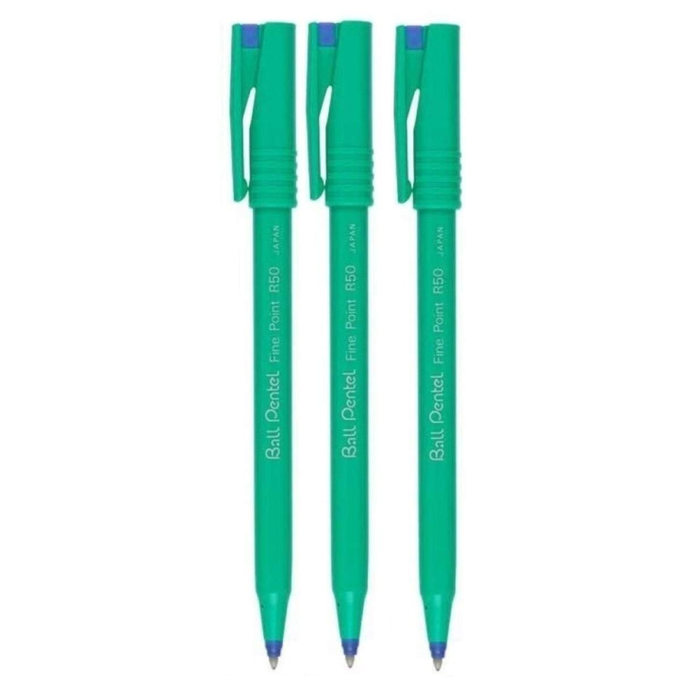Pentel Blue R50 Rollerball Ball Pen Pens Fine 0.8Mm Cushioned Nib Tip 0.4Mm Line Width 77% Recycled (Pack Of 3)