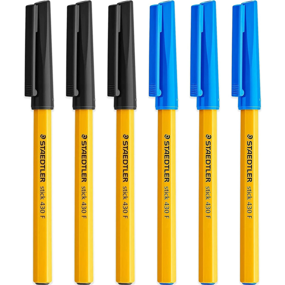 Staedtler Fine 0.3Mm 430 Stick Ballpoint Pens Writing Pen Smooth - Black And Blue Ink (6)