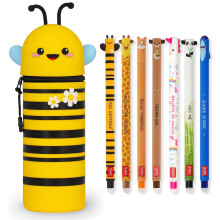 LEGAMI - Set of 7 Erasable Gel Pens + 2-in-1 Pencil Case Pen Pot - with Thermosensitive Erase Ink, Range of ink colours & barrel designs, 0.7mm Tip