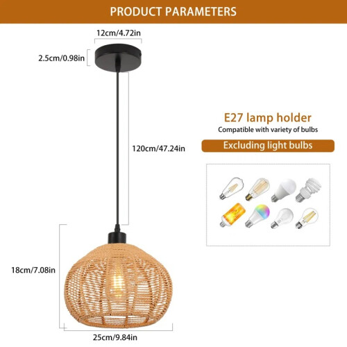 Boho Farmhouse Rattan Pendant, Adjustable Woven Globe Ceiling Lamp 1
