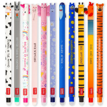 LEGAMI - Set of 11 Gel Erasable Pens With 0.7 mm Tip, Assorted Ink Colours and Animal Designs - Farm Yard, Tiger, Butterfly, Shark etc