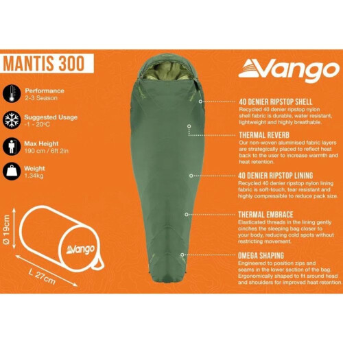 Vango Vango Mantis 300 Lightweight Sleeping Bag (Pine Green) 1