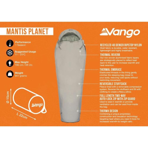 Vango Vango Mantis Planet 50 Travel Sleeping Bag (Grey Flannel) 1