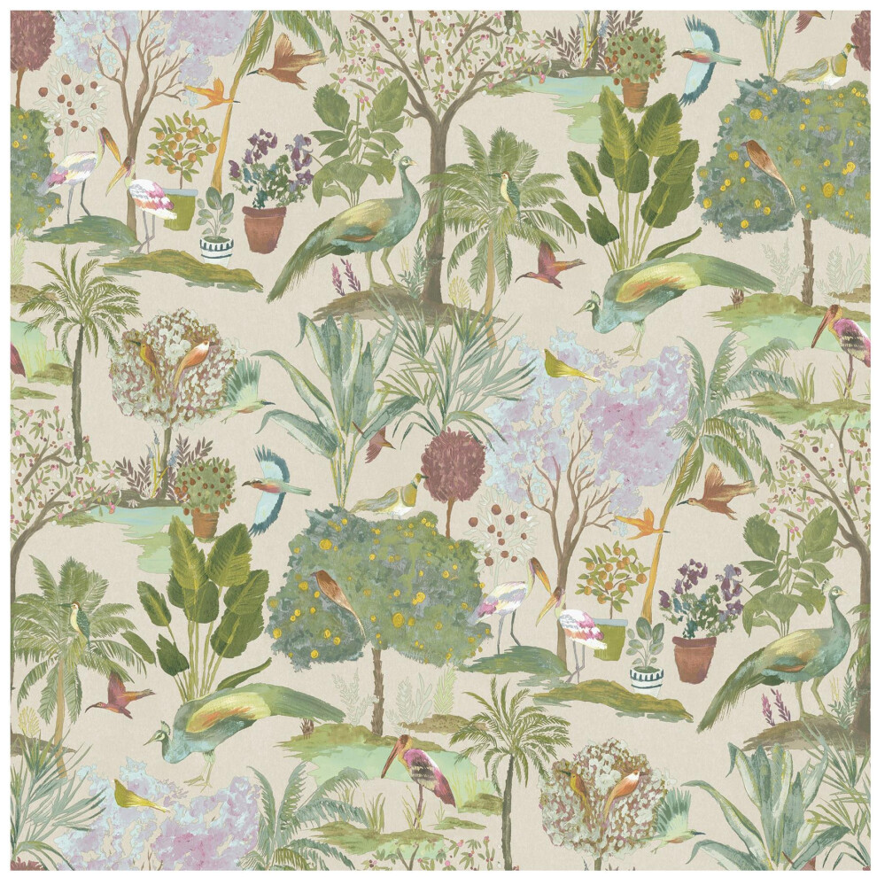 Cream Tropical Botanical Bird Wallpaper – Watercolour Nature Exotic Birds, Peacocks, Palms & Lush Foliage – Artistic Feature Wall Décor for Living Rooms, Bedrooms - Image 4
