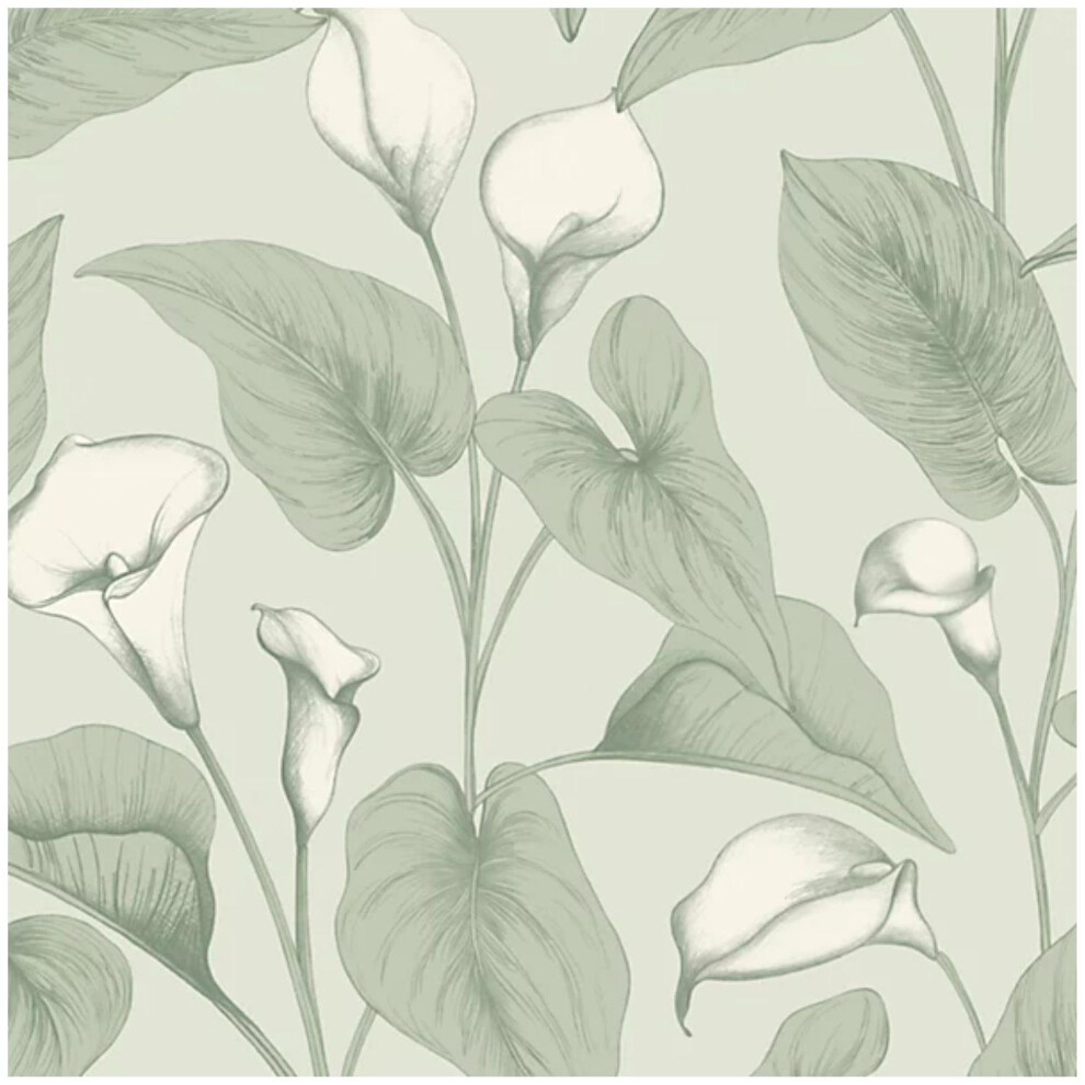 Grandeco Calla Lily Floral Foliage Sage Wallpaper Vinyl Paste The Wall Green