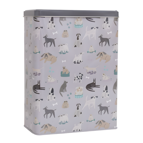 Pet Treat Storage Tin With Lid/Handle Grey Metal Food Rectangular Container