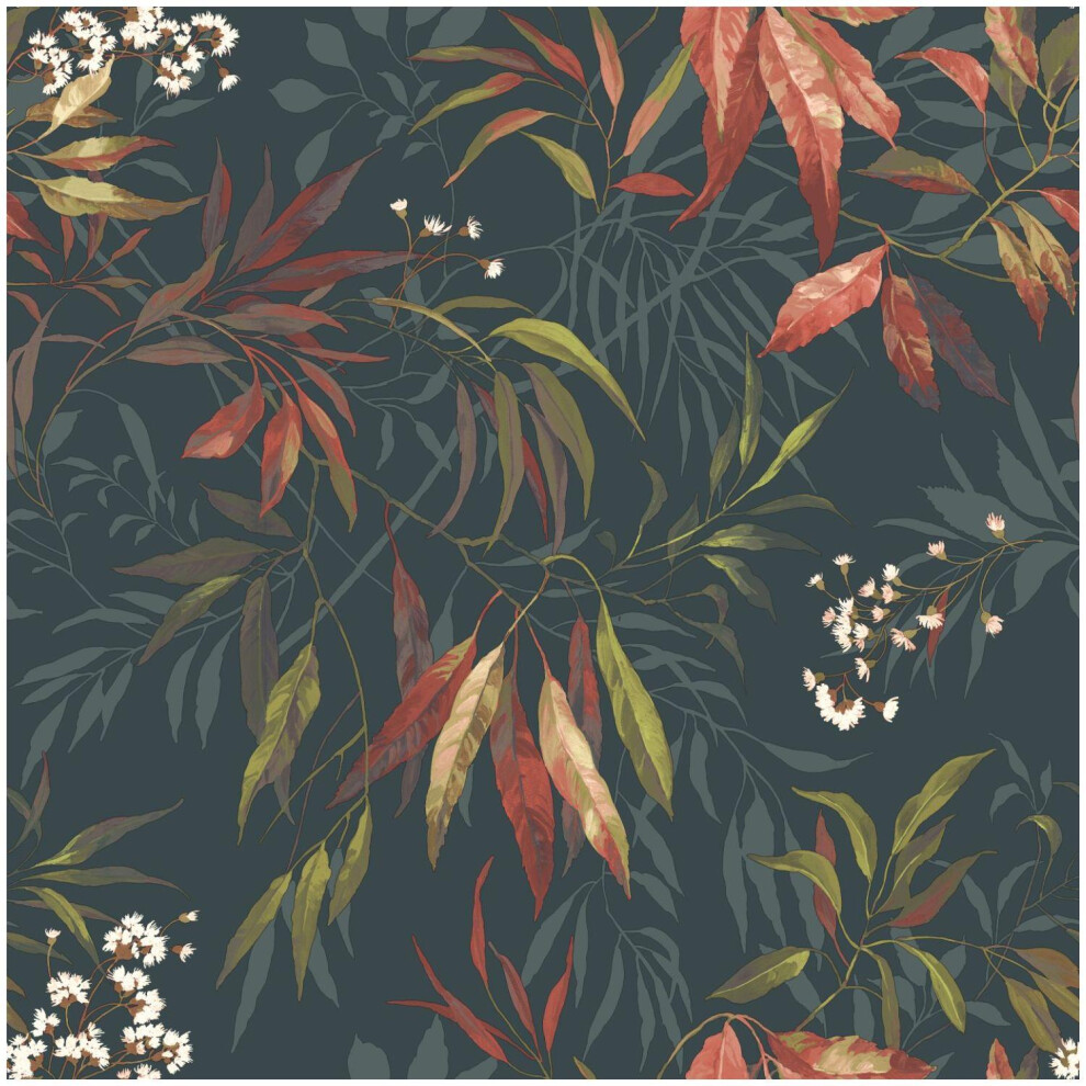 Belgravia Russet Dark Blue Kanata Wallpaper Botanical Leaves Forest Trees 5415058095802