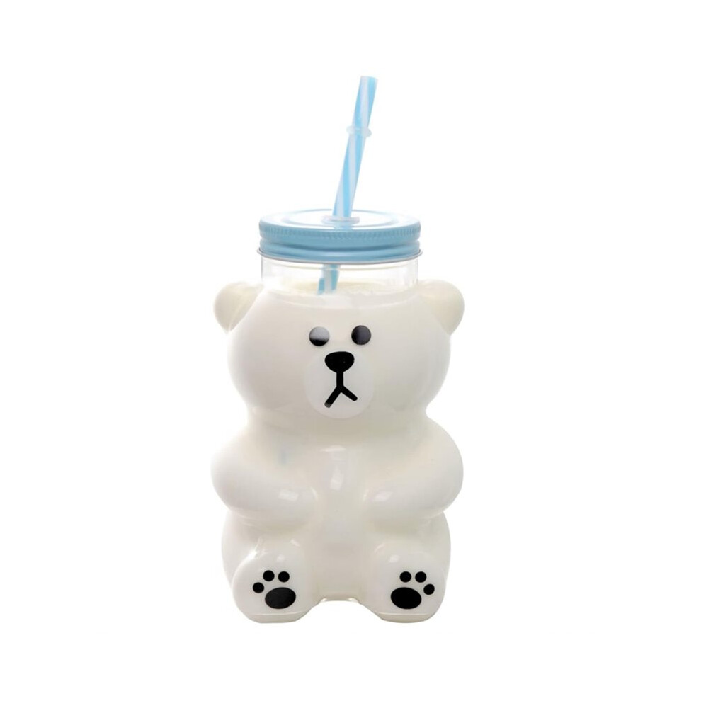 Kawaii Bear Glass Sippy Cup 18.6oz with Lid and Straw(Straw Color Random)Cute Bear Design for Beverages Serious Bear