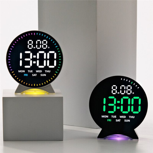 LED Digital Alarm Clock Week Date Second Hand Display Brightness Adjustable 2 Alarms Table Ambient Light 12/24H Clock 2