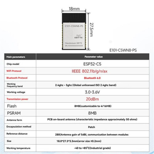 Módulo ESP32-C5 2.4G e 5G Dual-Band Wi-Fi 6 com 8M de Flash,  6.0 e 20dbm de Comunicação Sem Fio E101-C5WN8-PS 1