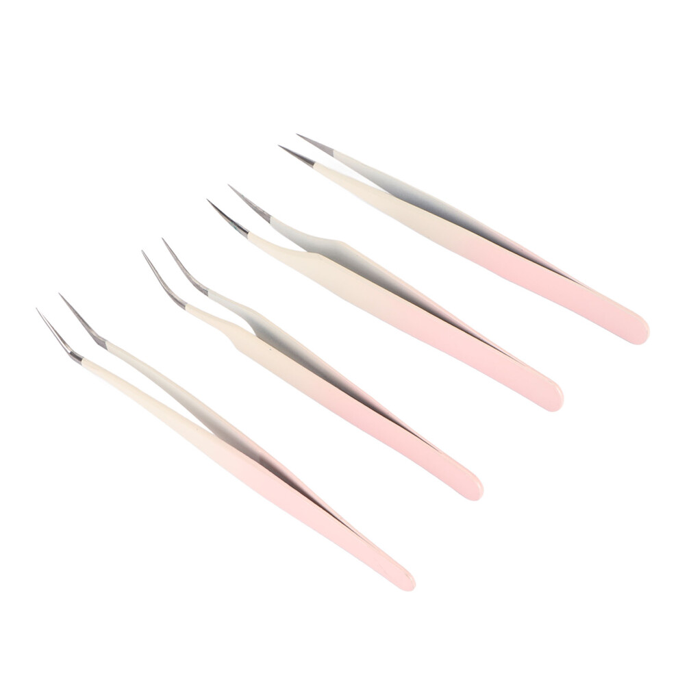Pink Eyelash Extension Tools 4Pcs Stainless Steel Tweezers Set For Home & Salon