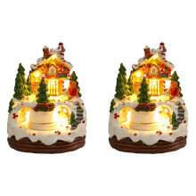 Christmas Music Box Gingerbread Snow House Ornaments with LED Light Resin Rotating Music Figurines Home Christmas2pc