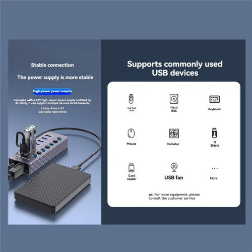 USB Hub USB 3.0 5Gbps Splitter with Individual OFF/  LED Indicator for Computer USB  Extender 10 2