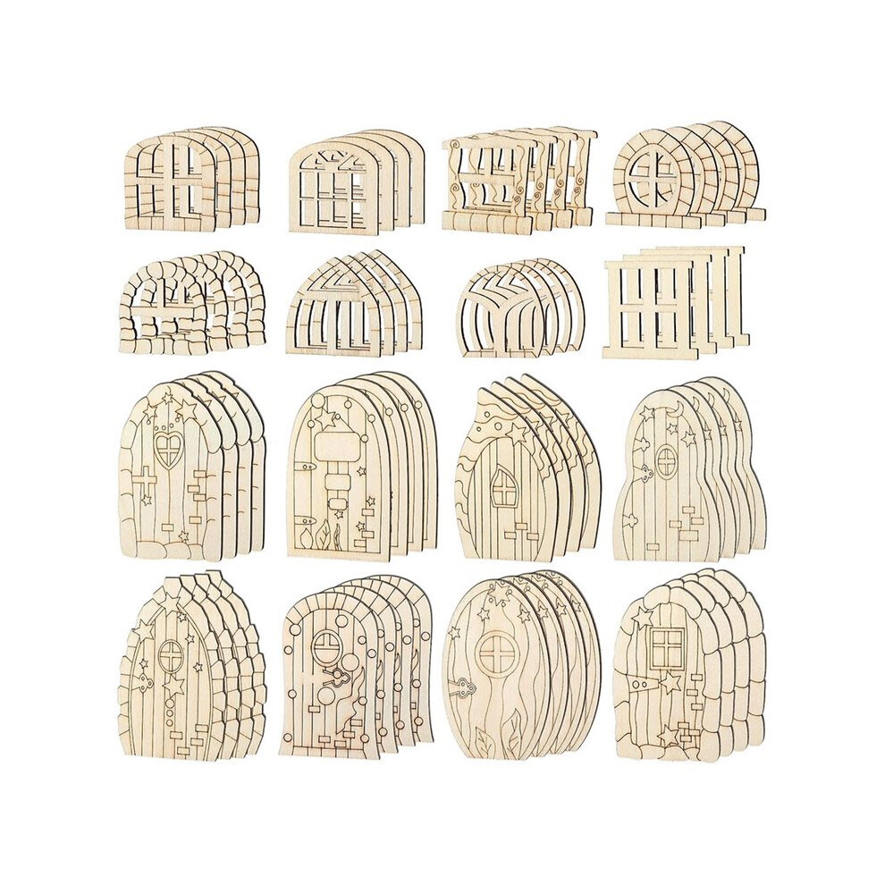 64 Pcs Fairy Door Wooden Garden Doors Unfinished Diy Fairy House Kit Unpainted Wood Miniature Blank Window 6033626336479
