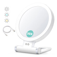 B Beauty Planet Miroir Grossissant avec Lumière 30X, Miroir de Maquillage Double Face Grossissant 1X/30X, Batterie 1500 MAh, 3 Modes de Couleur