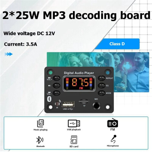 DC12-15V  Amplifier Board 2x25W Car MP3 Decoder Board, Audio Amplifier Module with Microphone Interface 1