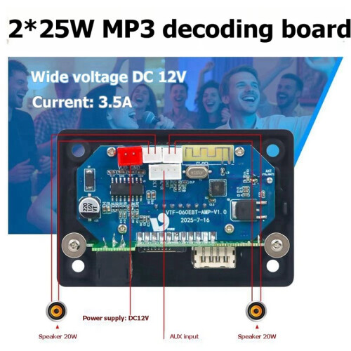 DC12-15V  Amplifier Board 2x25W Car MP3 Decoder Board, Audio Amplifier Module with Microphone Interface 2