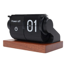 Vintage Flip Clock Mechanical Battery Powered Automatic Page Turning Clock with Wood Base for Living Room Office Black