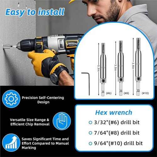 Self Centering Drill Bit Set - 3/32", 7/64", 9/64" Self Centering Drill Bit for Woodworking Door & Window Installation 1