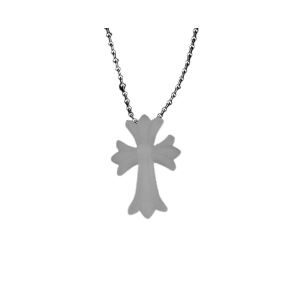 (Milky White) Chrome Crucifix Hearts Religious Vintage Punk Pendant Amulet Pvc Necklace Cross