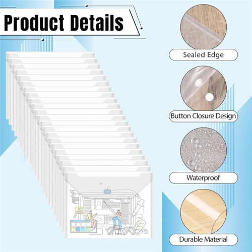 100 Pcs Clear Envelopes with Button Snap Closure, A4 Letter Plastic Envelope Folders for Documents Waterproof Envelope 2