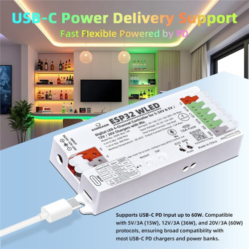 DOMRAEM ESP32 Dual PSU LED Controller 4-Channel WLED Addressable Strip Controller with Microphone, PD+DC5-24V 16A B 1