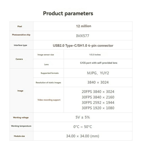 IMX577 12MP USB Camera Module(B) 3840x3024 Resolution Compatible with C/CS-Mount Lenses USB2.0 Plug and 2