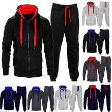 (Dark Gary Red,M)Mens Tracksuit Set Fleece Zip Hoodie Topsbottoms Joggers Gym Contrast Jogging