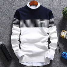 (White,XL)Mens Casual Round Neck Warm Strip Sweater Pullover Knitwear Jumper Coat Tops