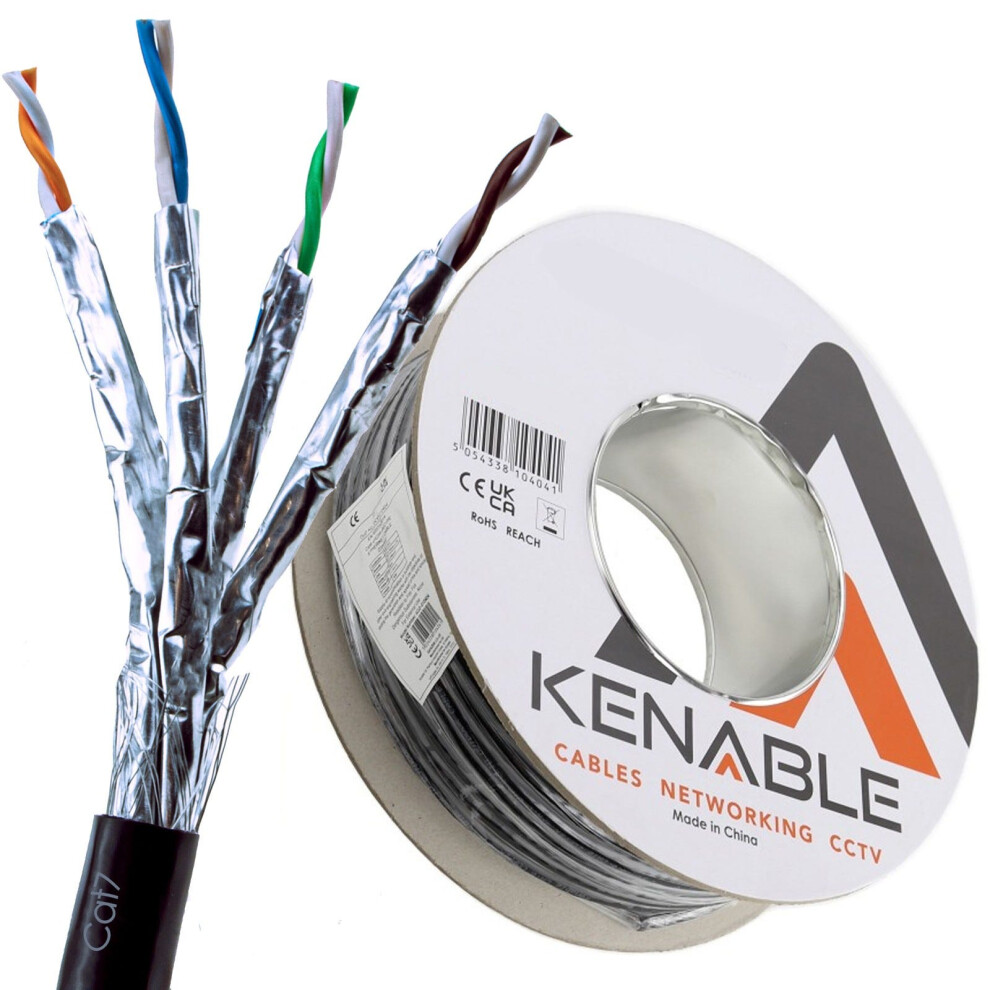 Kenable External Shielded Cat7 Outdoor Use Copper Ethernet Cable S/Ftp Reel 50M Black