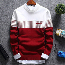 (Red,L)Pull décontracté homme col rond rayures chaudes pull tricot pull hauts manteau
