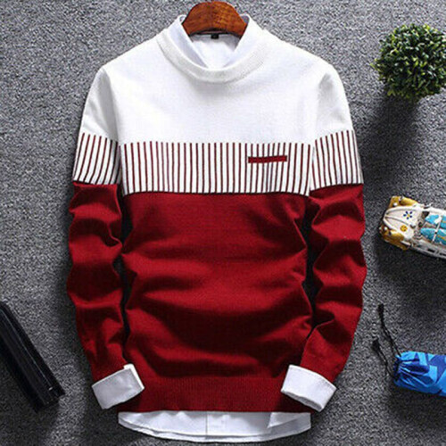 (Red,S)Herren Lässig Rundhals Warm Streifen Pullover Pulli Strickwaren Pulli Tops Mantel