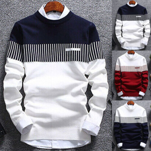 (White,2XL)Herren Lässig Rundhals Warm Streifen Pullover Pulli Strickwaren Pulli Tops Mantel 1