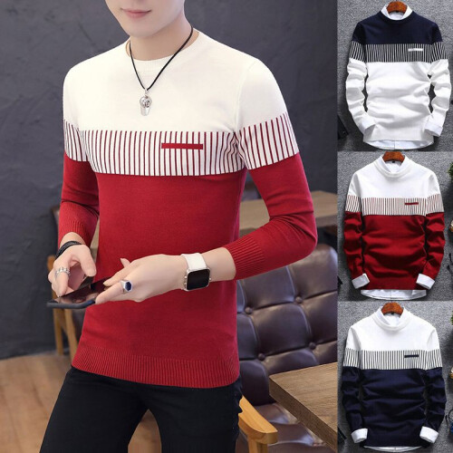 (Red,L)Herren Lässig Rundhals Warm Streifen Pullover Pulli Strickwaren Pulli Tops Mantel 2