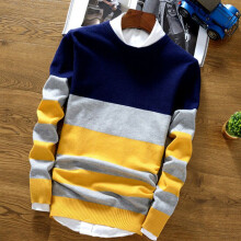 (NavyYellow,XL)Pull décontracté décontracté à manches longues en tricot pour hommes hauts col rond pull