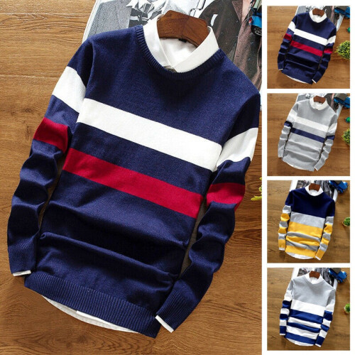 (GrayBlue,2XL)Lässiger langärmliger lockerer Herrenpullover Strickoberteile Rundhals Pullover Pulli 1