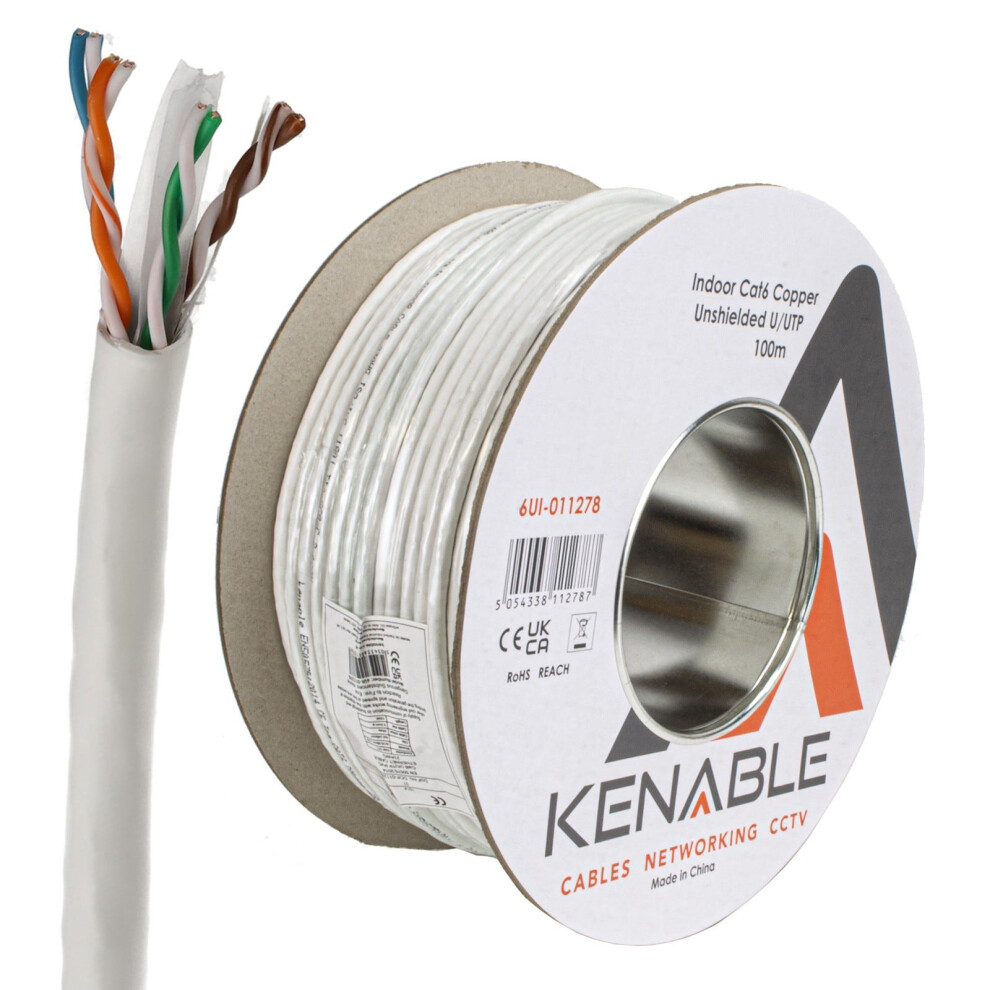 Kenable White Indoor Cat6 Utp 23Awg Copper Ethernet Pvc Network Cable Reel 100M