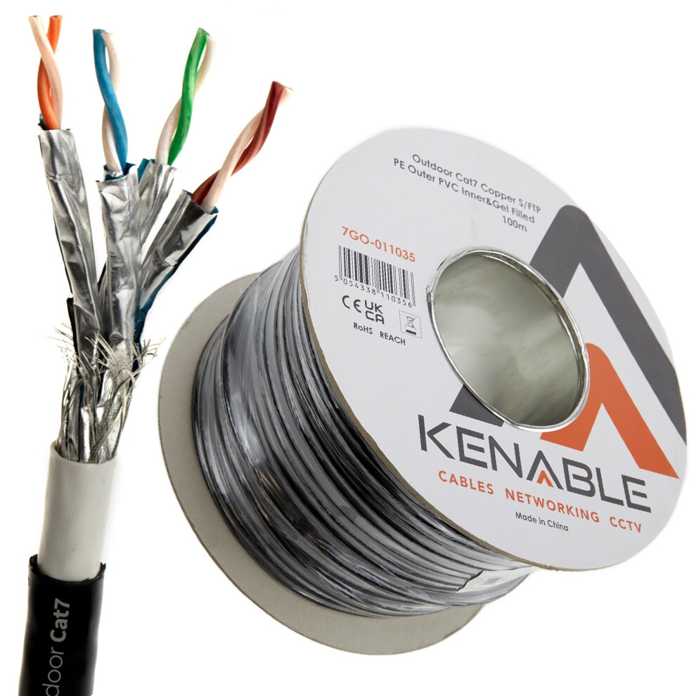 Kenable Direct Burial External Cat7 Outdoor Copper Ethernet Network Cable Reel Gel 100M