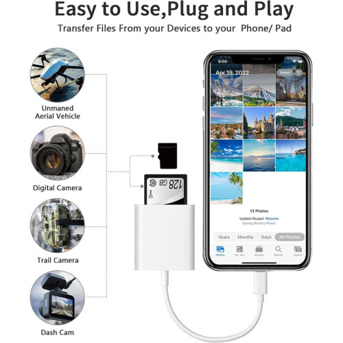 Card Reader for Phone/Laptop/, Three Card Slots Reader Supports  TF Card, Digital Camera Viewer Plug and 2